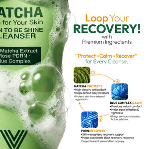 velvente face wash with matcha extract and blue complex for skin care, featuring rich bubbles and recovery and deep cleansing.