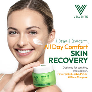 Woman applying cream with Velvente skincare product and text about skin recovery.