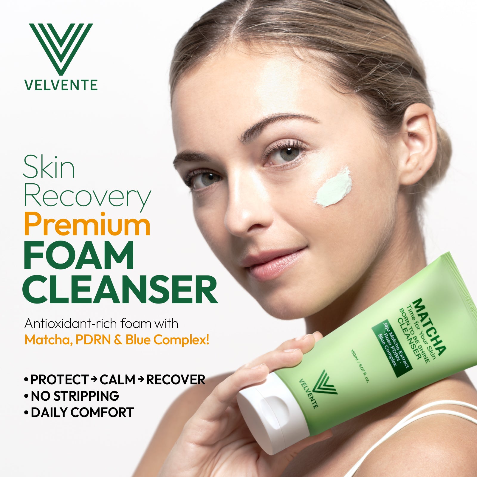Woman holding a green Velvente foam cleanser with product details for protect calming recover no stripping daily comfort