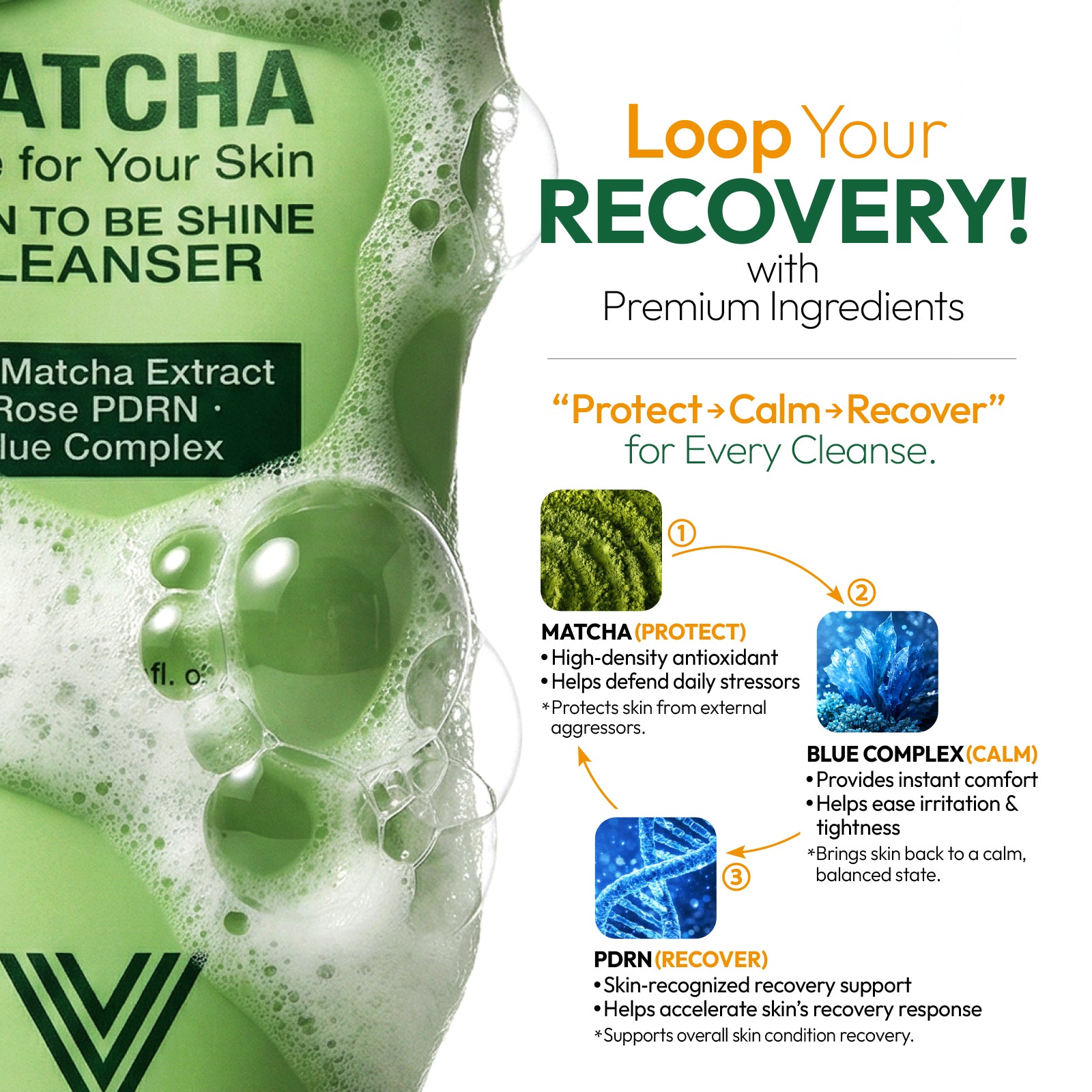 velvente face wash with matcha extract and blue complex for skin care, featuring rich bubbles and recovery and deep cleansing.