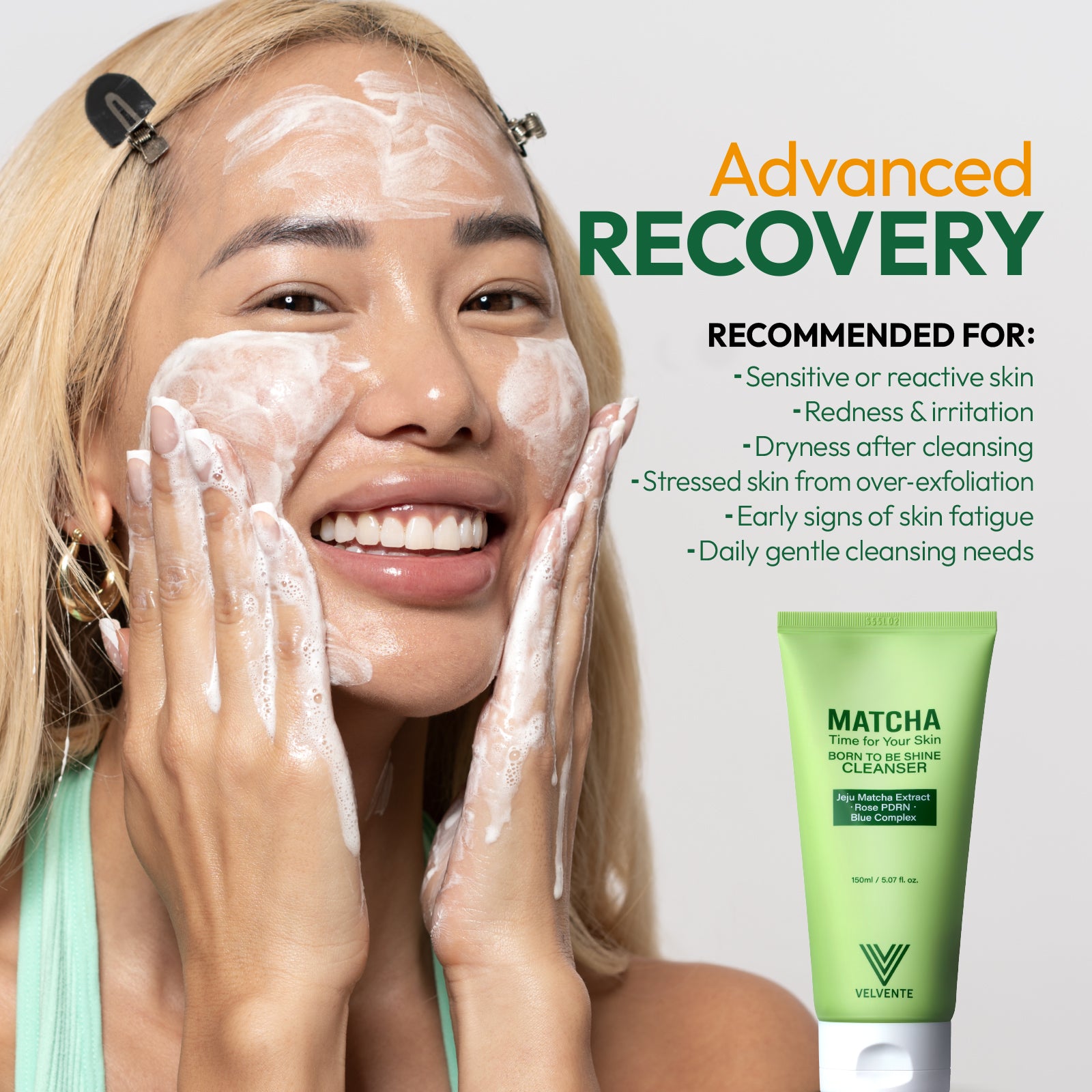 Woman applying velvente facial cleanser with Matcha for sensitive or reactive skin