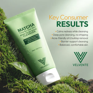 korean skincare brand velvente matcha foam cleanser comsumer results for calms redness, deep pore cleansing, no strippng, acne=friendly oil and buildup removal, balanced skin