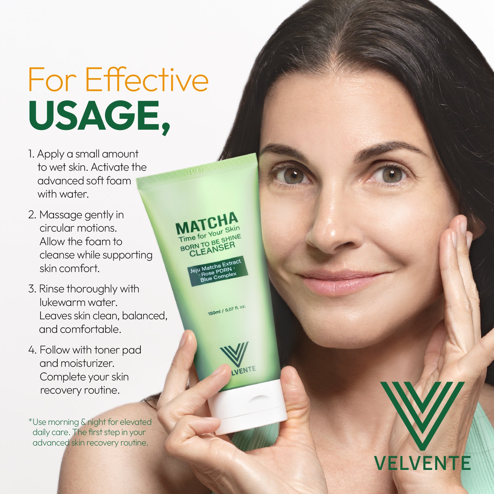 Woman holding a green korean skincare product with usage instructions and Velvente branding cleanser.