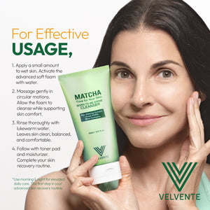 Woman holding a green korean skincare product with usage instructions and Velvente branding cleanser.