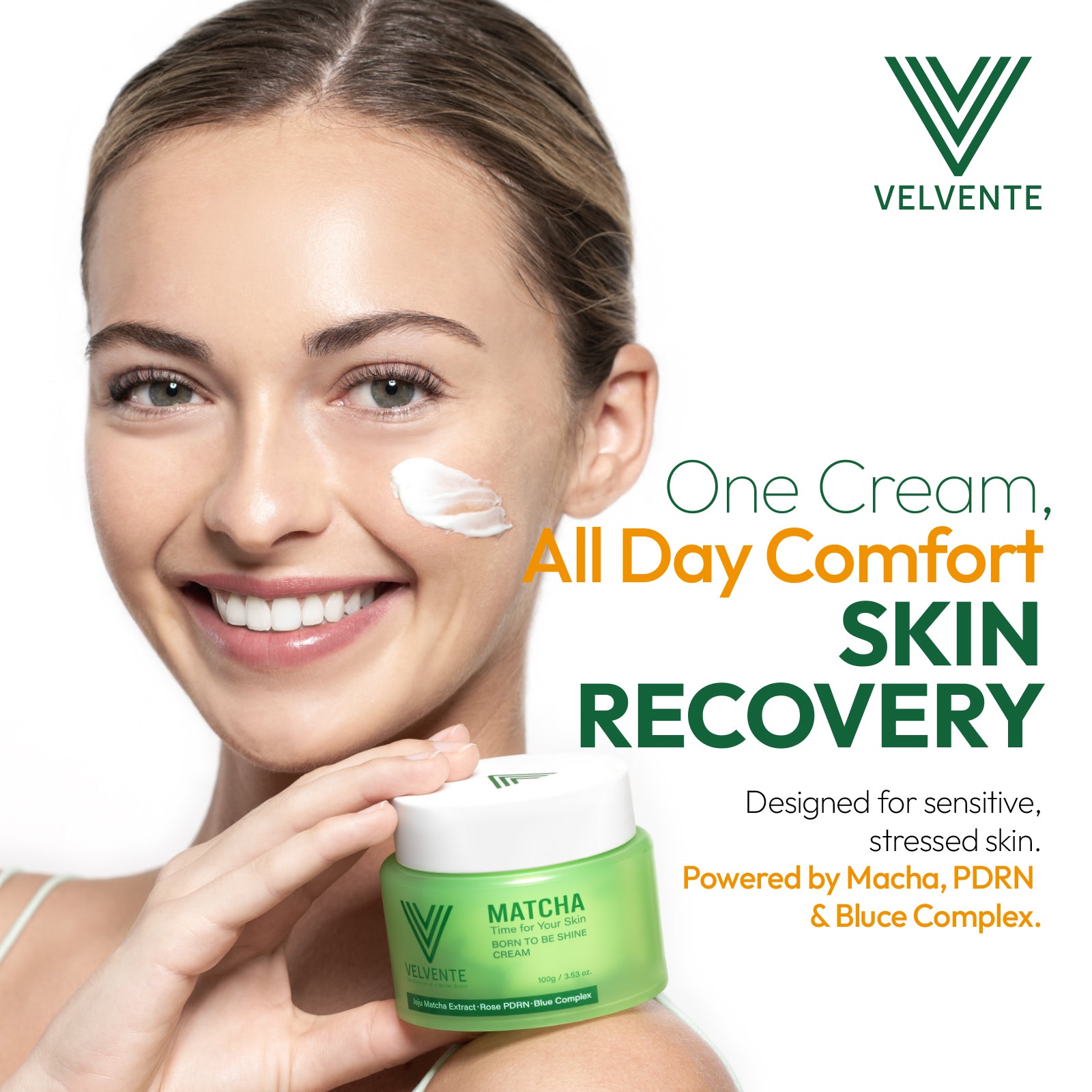 Woman applying cream with Velvente skincare product and text about skin recovery.