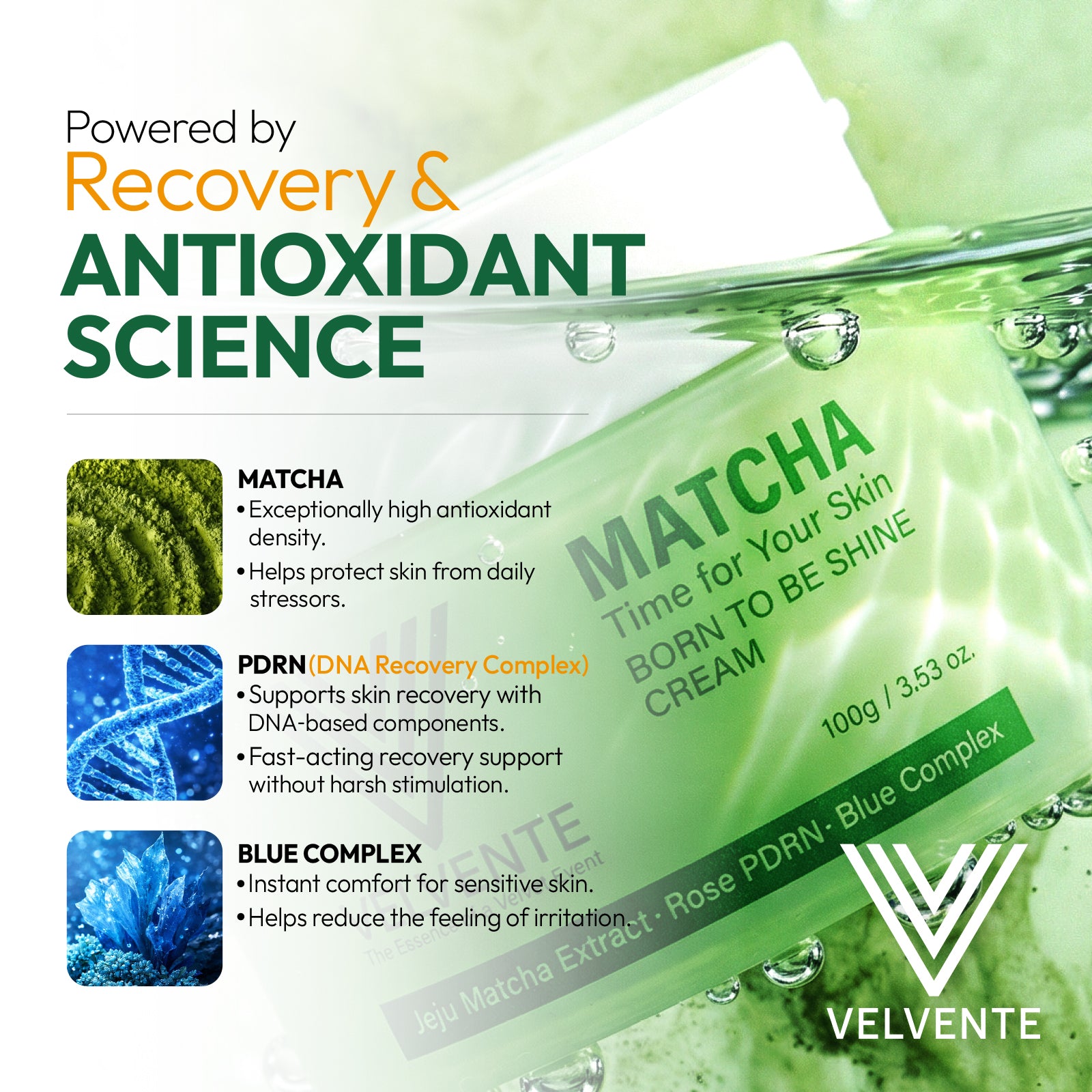 Velvente Matcha cream science ingredients protect skin barrier fast acting recovery for sensitive skin