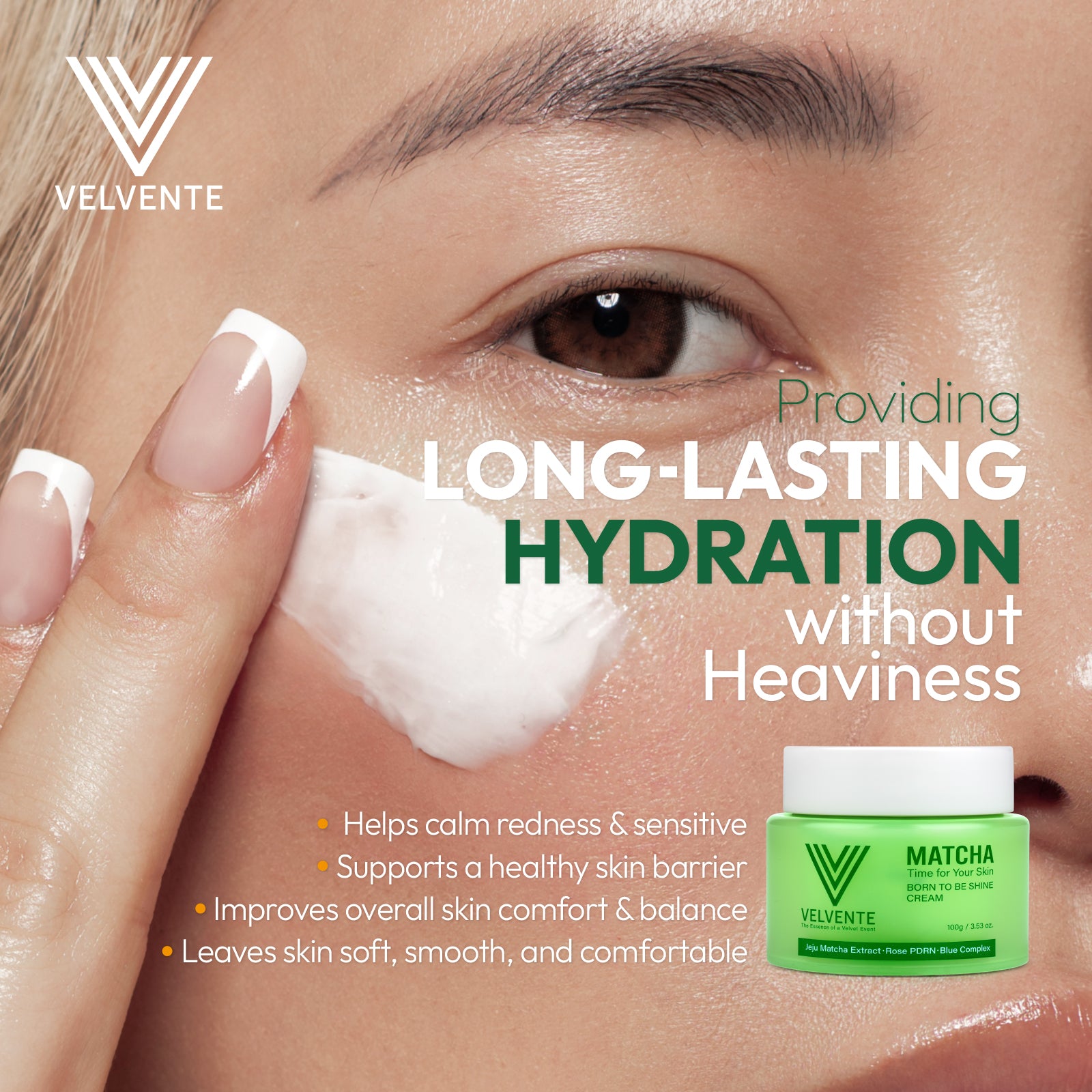 Velvente cream being applied with text highlighting long-lasting hydration.