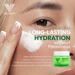 Velvente cream being applied with text highlighting long-lasting hydration.