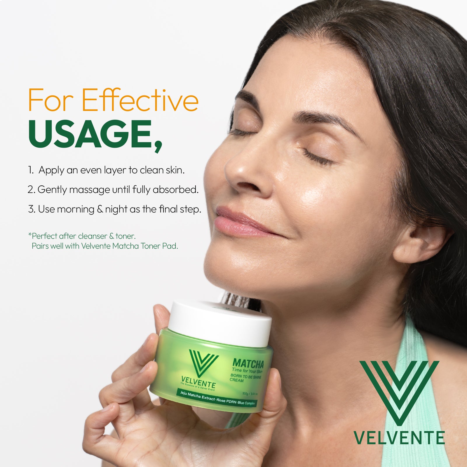 Woman holding a jar of Velvente Matcha Cream with usage instructions