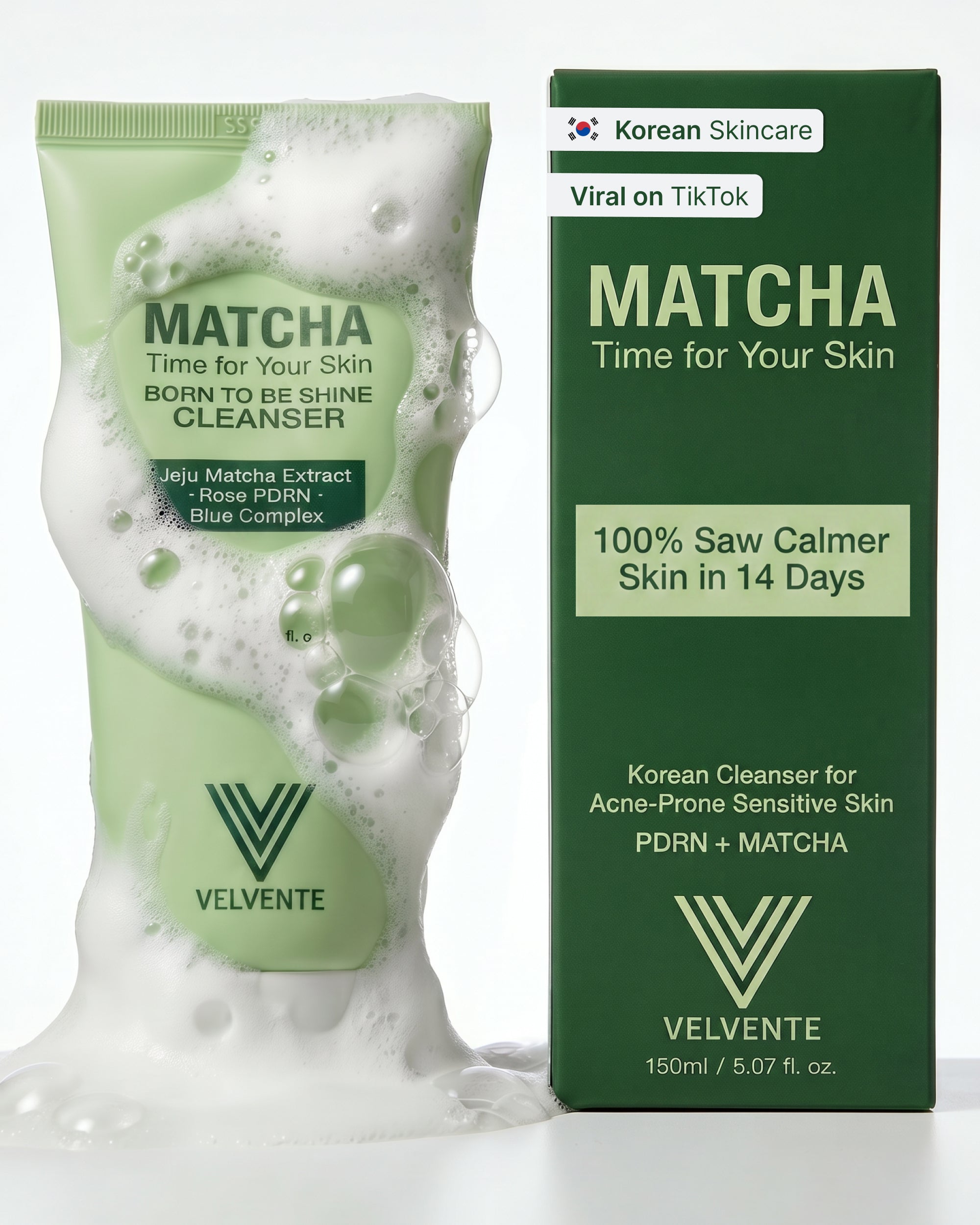 VELVENTE Matcha PDRN Korean Cleanser & Face Wash, Acne-Prone Sensitive Skin, Low-pH Foam, Dissolves makeup, oil & impurities. Calms Redness, Smooths