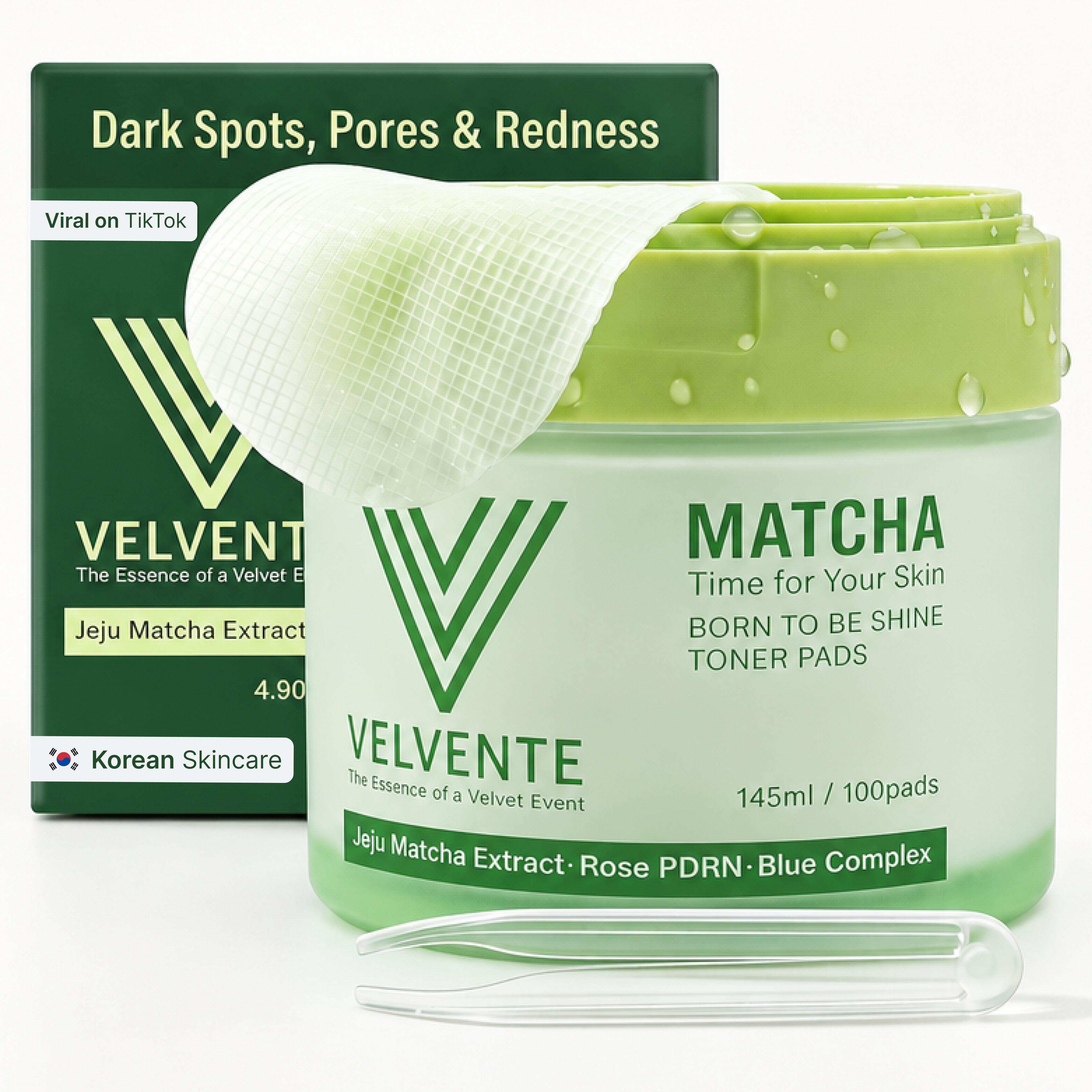 VELVENTE Matcha PDRN Korean Toner Pads, Dark Spots, Pores & Redness, Vegan, Smooth, Hydrate & Even Tone. Acne-Prone Sensitive Skin