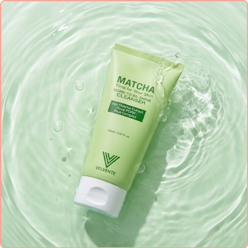 Green tube of Velvente Matcha cleanser on a water surface, foaming face wash