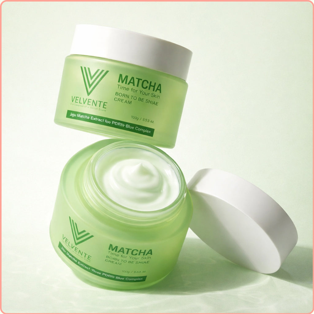Two containers of Velvente Matcha cream, creamy textrue