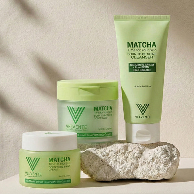 velvente matcha pdrn 3-step self care set cleanser toner pads moisturizer